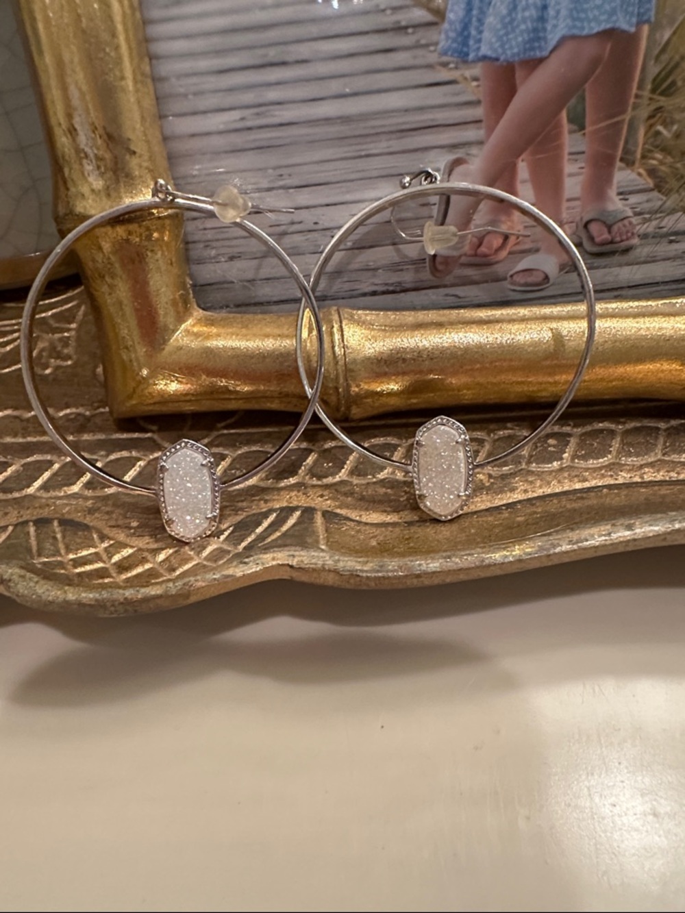 Kendra Scott Silver Hoop Earrings with White Drusy Stones